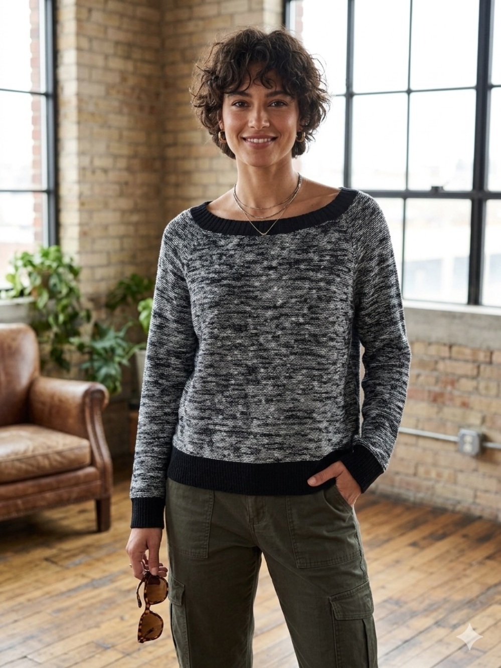 Eileen Fisher Linen Blend Fisherman Knit Black and White Marled Sweater Size L